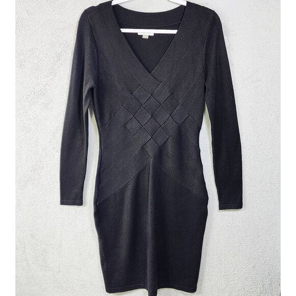 Calvin Klein Black Bodycon Dress V Neck Long Sleeve Stretch Cocktail Size Small - Picture 1 of 8